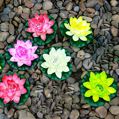 Quanyuchang 5 piezas artificiales flotantes plantas lirios de agua flores de loto almohadillas para el hogar, jardín, estanques, piscina, acuario, pecera, paisaje decoración