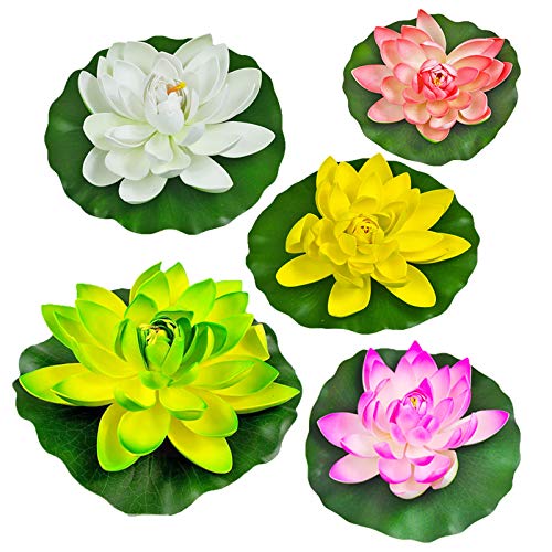 Quanyuchang 5 piezas artificiales flotantes plantas lirios de agua flores de loto almohadillas para el hogar, jardín, estanques, piscina, acuario, pecera, paisaje decoración