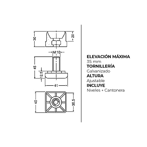 QUICKWARE Pack 4 x Patas Regulables para Tubo (40x40mm) en Poliamida Negra | Elevación Máx (35mm) | Incluye Nivelador + Cantonera | Ideal Hostelería