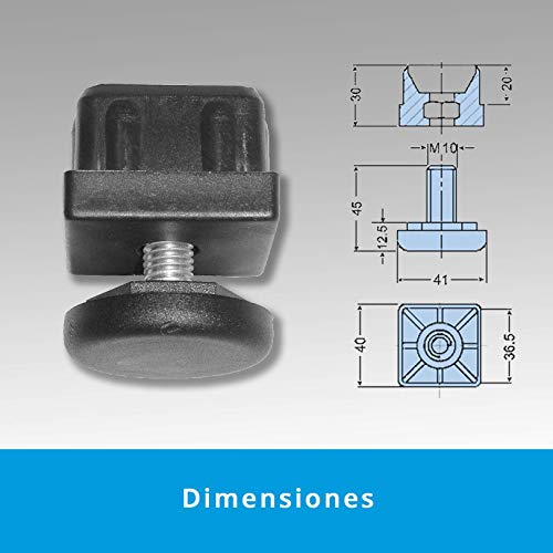 QUICKWARE Pack 4 x Patas Regulables para Tubo (40x40mm) en Poliamida Negra | Elevación Máx (35mm) | Incluye Nivelador + Cantonera | Ideal Hostelería