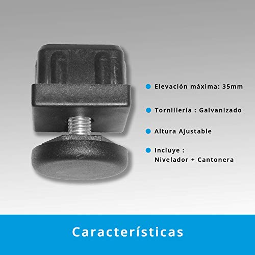 QUICKWARE Pack 4 x Patas Regulables para Tubo (40x40mm) en Poliamida Negra | Elevación Máx (35mm) | Incluye Nivelador + Cantonera | Ideal Hostelería