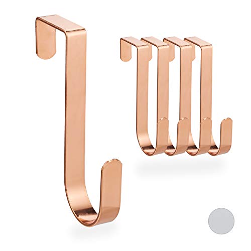 Relaxdays Colgador Puerta, Pack de 5, Ganchos para Colgar, Para Baño, Cocina o Pasillo, Metal, 12 cm de Largo, Oro Rosa