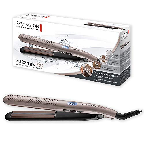 Remington Plancha de Pelo Wet2Straight Pro - Tecnología Wet2Straight, Cabello Húmedo y Seco, Cerámica, Digital, Marrón - S7970