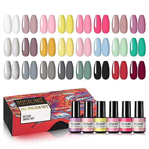 ROSALIND Esmaltes Semipermanentes de Pastel Uñas, 24 Colores Pintauñas Permanente Kit de Esmaltes de Uñas en Gel UV LED 7ml, para el hogar y el salón