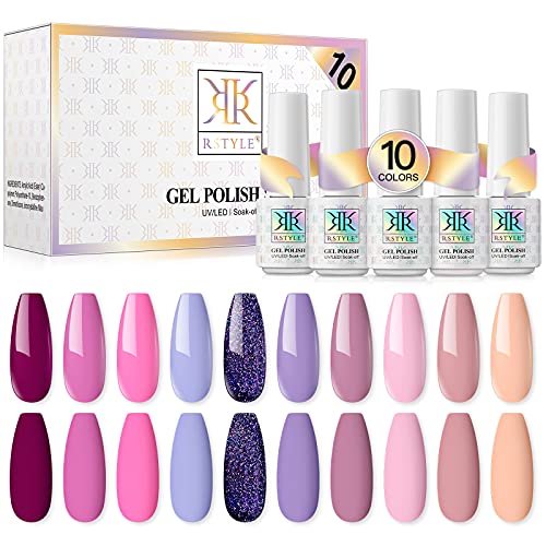 RSTYLE Esmaltes Semipermanentes, 10pcs Kit Uñas de Pintauñas Gel Sólido de Larga Duración Esmalte de Uñas 5ml Purpurina Rosa Púrpura Esmalte de gel UV Serie violeta