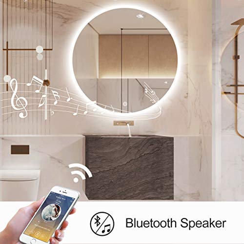 S-bagno - Espejo de baño redondo con retroiluminación LED, 80 cm de diámetro, con altavoz Bluetooth integrado, brillo regulable, almohadilla deshumidificadora e interruptor con sensor de contacto