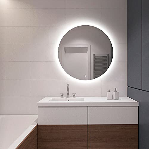 S-bagno - Espejo de baño redondo con retroiluminación LED, 80 cm de diámetro, con altavoz Bluetooth integrado, brillo regulable, almohadilla deshumidificadora e interruptor con sensor de contacto