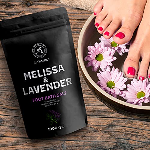 Sal de Baño para Pies con Aceite Esencial de Lavanda y Aceite de Melisa - 1kg /1000g - Sal Marina Natural Baño de Pies - Remojo Uñas - Pedicura - Sal Para Remojar Los Pies - Cuidado de Pies