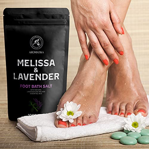 Sal de Baño para Pies con Aceite Esencial de Lavanda y Aceite de Melisa - 1kg /1000g - Sal Marina Natural Baño de Pies - Remojo Uñas - Pedicura - Sal Para Remojar Los Pies - Cuidado de Pies