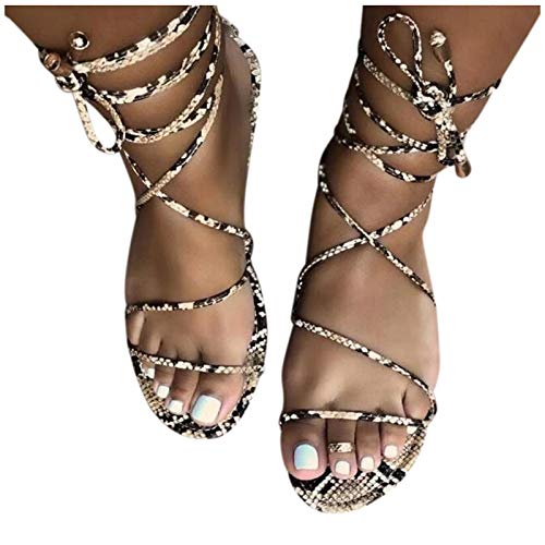 Sandalias de mujer Gladiator romanas, sandalias de playa con correa Peep Toe antideslizante, cómodas patrón de serpiente, zapatos de moda elegantes para el tiempo libre, marrón, 42