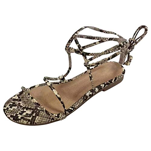 Sandalias de mujer Gladiator romanas, sandalias de playa con correa Peep Toe antideslizante, cómodas patrón de serpiente, zapatos de moda elegantes para el tiempo libre, marrón, 42