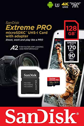 SanDisk Extreme PRO - Tarjeta de memoria microSDXC de 128 GB con adaptador SD, A2, hasta 170 MB/s, Class 10, U3 y V30