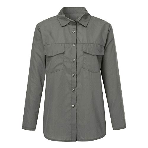 SHOBDW Moda para Mujer Casual Cuello con Solapa Camiseta Oficina Señoras Camisa botón sólido Hebilla Blusa otoño Invierno Tops de Manga Larga (Gris,L)