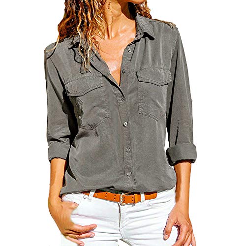 SHOBDW Moda para Mujer Casual Cuello con Solapa Camiseta Oficina Señoras Camisa botón sólido Hebilla Blusa otoño Invierno Tops de Manga Larga (Gris,L)