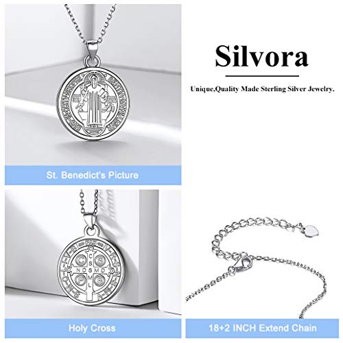 Silvora Medalla San Benito Abad Plata y Cruz Hombre Collar Plata 925 Mujeres Hombres Medalla bendecida