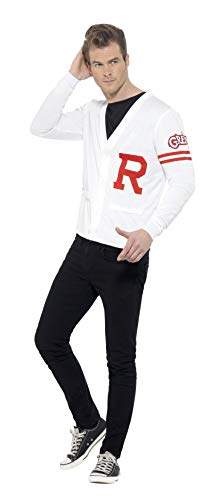 Smiffys-42898L Licenciado Oficialmente Disfraz de Rydell Prep de Grease, con Chaleco de Punto, Color Blanco, L-Tamaño 42"-44" (Smiffy'S 42898L)