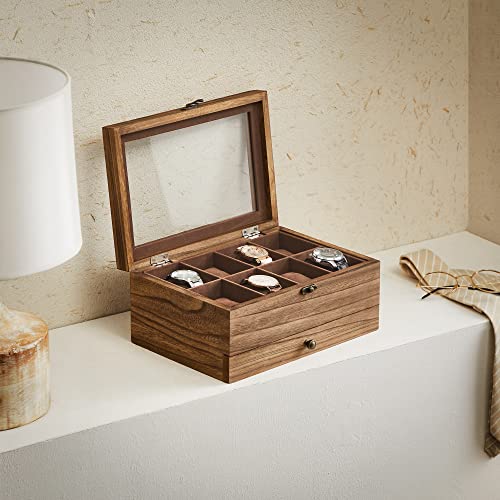 SONGMICS Caja de Relojes con 8 Ranuras, Caja de Madera Maciza con Almohadas, Caja de Joyas con Tapa de Cristal, para Anillos, Pulseras, Collares, Nogal Rústico, Dia del Padre Regalos, JOW008K01