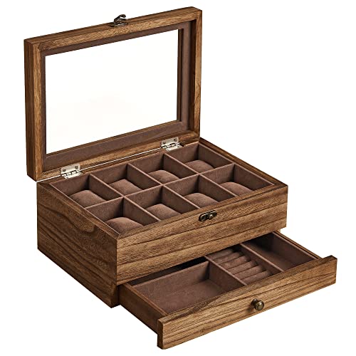 SONGMICS Caja de Relojes con 8 Ranuras, Caja de Madera Maciza con Almohadas, Caja de Joyas con Tapa de Cristal, para Anillos, Pulseras, Collares, Nogal Rústico, Dia del Padre Regalos, JOW008K01