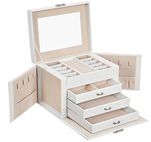 SONGMICS Caja joyero, Caja para Joyas, Organizador de Belleza de 4 Niveles, Caja organizadora con bandejas, Funda de Terciopelo, Blanco JBC159W01