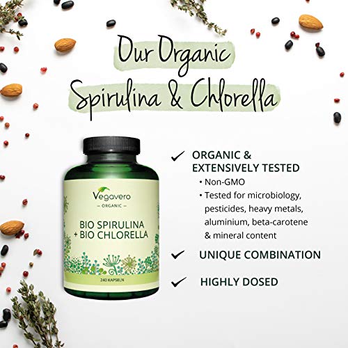 Spirulina + Chlorella Orgánica Vegavero® | 2000 mg | 240 Cápsulas | Testado en Laboratorio | Algas Marinas | Superfood rica en Clorofila | Cansancio + Energía | BIO