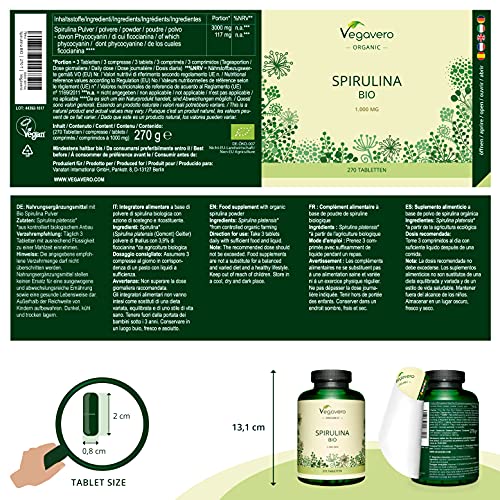 Spirulina Orgánica Vegavero® | La Dosis Más Alta: 1000 mg/Comprimido | Testada en Laboratorio | Sin Aditivos | Detox + Antioxidante + Cansancio | Algas Marinas | 100% BIO | 270 Comprimidos