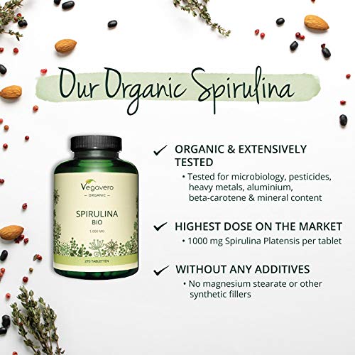 Spirulina Orgánica Vegavero® | La Dosis Más Alta: 1000 mg/Comprimido | Testada en Laboratorio | Sin Aditivos | Detox + Antioxidante + Cansancio | Algas Marinas | 100% BIO | 270 Comprimidos