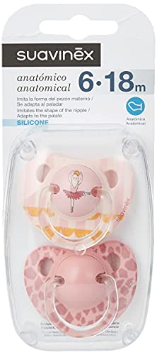 Suavinex - Pack de 2 Chupetes 6-18 meses. Tetina Anatómica de Silicona 0% Bisphenol, Color Rosa Diseño Bailarina