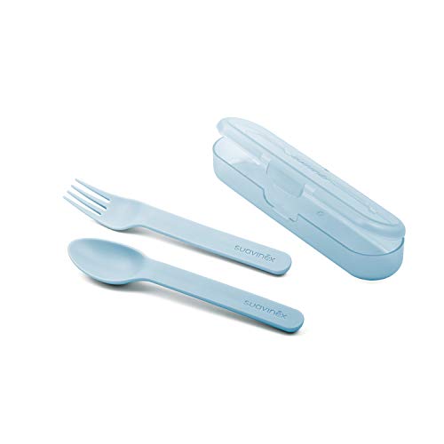 SUAVINEX Set Cubiertos Bebé con Estuche, Cubiertos Infantiles para Comer Fuera de Casa, para Bebés +12 Meses, Azul