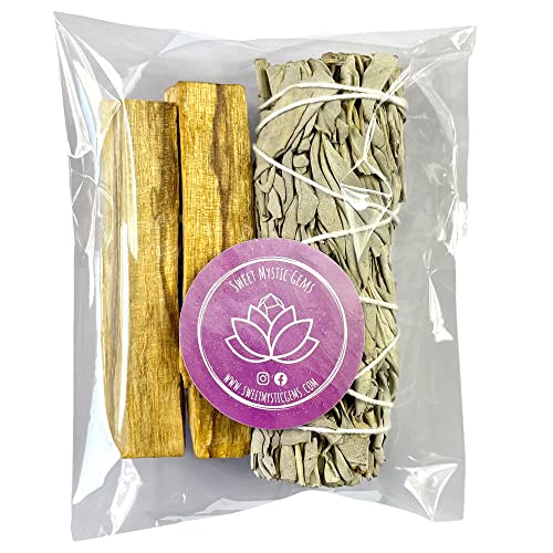 SWEET MYSTIC GEMS - 1 Atado de Salvia Blanca para Quemar y 2 Palo Santo para Quemar - 100% Incienso Natural - Recolección sostenible