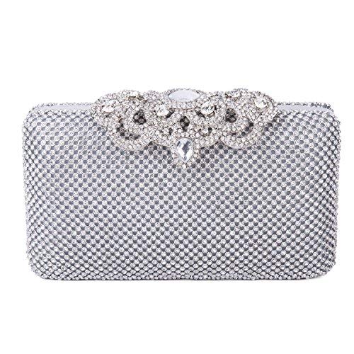 SYMALL Mujer Bolso de Mano con Diamantes Cristales Brillantes Cartera de Mano Estilo Elegante de Lujo Cluthes de Fiesta Boda Novia Noche Cartera para Mujer Ceremonia, Plateado