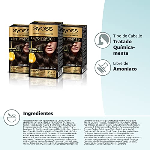 Syoss Oleo Intense - Tinte 4-50 Castaño Ceniza – Coloración permanente Sin Amoníaco – Cobertura profesional de canas – Resultados de peluquería (Pack De 3)