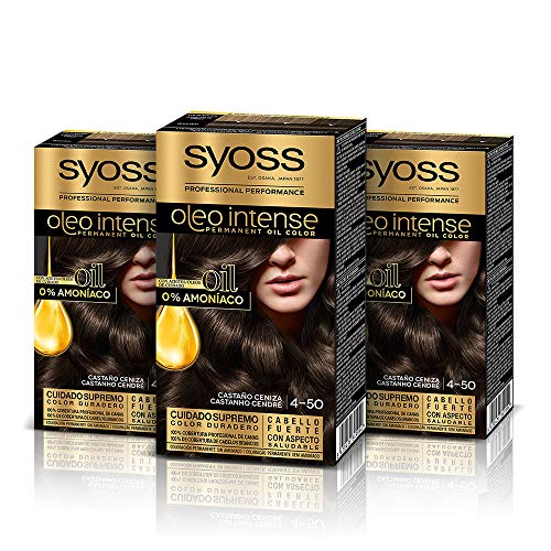 Syoss Oleo Intense - Tinte 4-50 Castaño Ceniza – Coloración permanente Sin Amoníaco – Cobertura profesional de canas – Resultados de peluquería (Pack De 3)