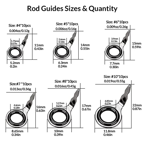 THKFISH Guías de caña de Pesca Kit de reparación de cañas de Pesca Guías de caña de Baitcasting Cerámica Carbono de Acero Inoxidable Guía de reparación Plata bruñida - Marco 60 Piezas