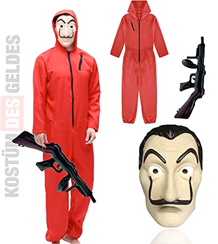 TK Gruppe Timo Klingler set de disfraces - House of Money para adultos unisex con máscara de Dali Salvador, rifle inflable, mono rojo para Carnaval y Halloween (1x)