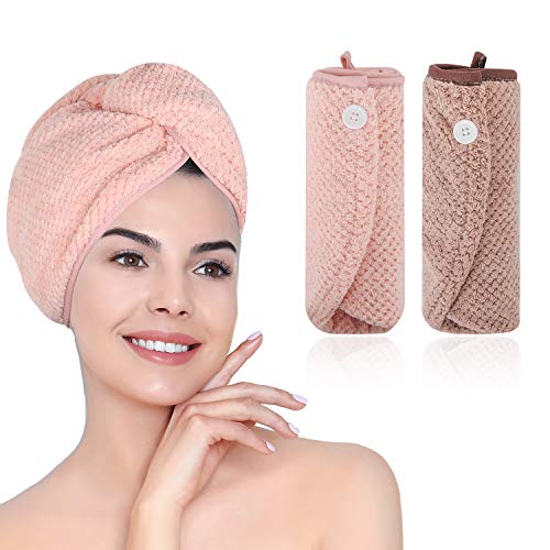 Toalla de Secado de Pelo, m zimoon Toalla Turbante de Microfibra Súper Absorbente Cabello Turbante de Secado Rápido para Pelo para Ducha, SPA, Maquillaje (2pcs, Marrón y Rosa)