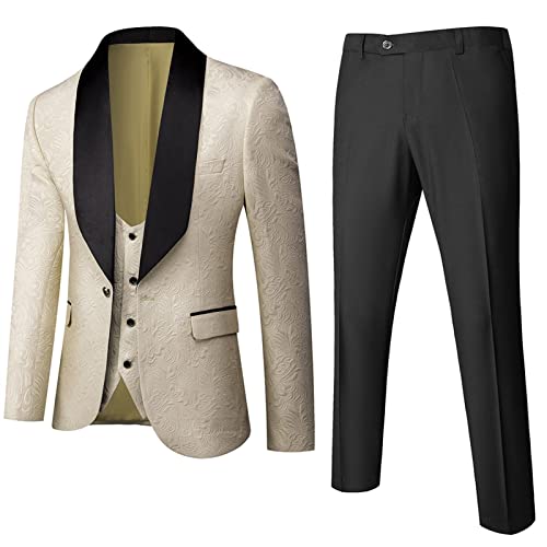 Traje de banquete Homme Slim Fit Vestido de novia Royal Smoking Jacket Pantalón Chaleco Hombres Damasco Jacquard Tela Esmoquin (Color: Albaricoque, Talla XXXL)