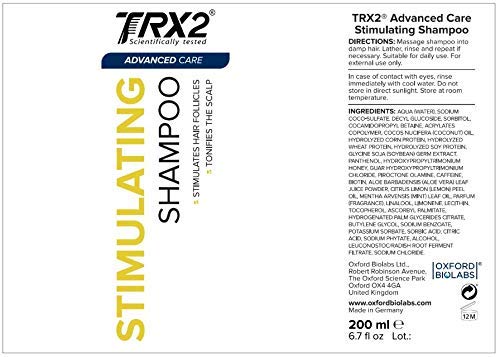 TRX2 Advanced Care Stimulating Shampoo - Enhanced Cleansing & Tonifying - Suitable for All Skin and Hair Types - Paraben Free - Caffein, Biotin and Soya Bean - 200 ml