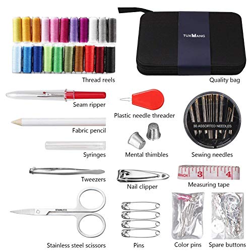 TUXWANG Kit de Costura con 130 Piezas Accesorios de Costura Premium con Funda de Transporte, 24 carretes de Hilo - 100 m de Gran tamaño, 1 Paquete de Agujas de Coser (Cuenta 30) costurero de Viaje