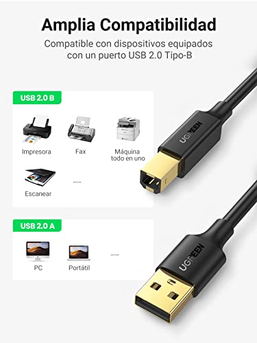 UGREEN Cable Impresora USB para Epson, Cable Impresora Largo USB 2.0 Tipo A a Tipo B Compatible con Impresora Brother/Canon/Lexmark, Escáner, Disco Duro, DAC, Fotografía, Amplificador(3 Metros)