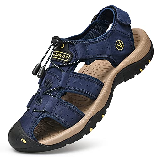 Unitysow Sandalias Hombre Verano Los Zapatillas de Senderismo Transpirable Peso Ligero Cuero Camper Deportivas Sandalias Al Aire Libre Pescador Playa Zapatos,Azul,44