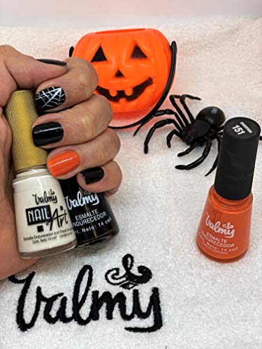 Valmy Colecci󮠐intau񡳠para Halloween, Combo 3 en 1: Esmalte Endurecedor Normal para U񡳠(Naranja 151 y Negro 29) + Nail Art Decorativo con Pincel de Precisi󮠨Blanco 602) - 3 Piezas x 14 ml