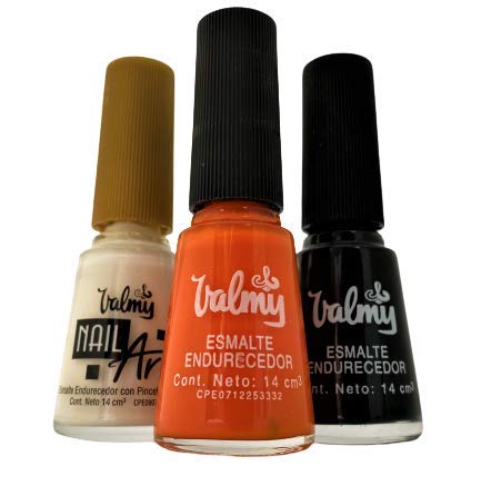 Valmy Colecci󮠐intau񡳠para Halloween, Combo 3 en 1: Esmalte Endurecedor Normal para U񡳠(Naranja 151 y Negro 29) + Nail Art Decorativo con Pincel de Precisi󮠨Blanco 602) - 3 Piezas x 14 ml