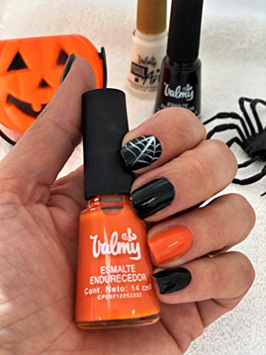 Valmy Colecci󮠐intau񡳠para Halloween, Combo 3 en 1: Esmalte Endurecedor Normal para U񡳠(Naranja 151 y Negro 29) + Nail Art Decorativo con Pincel de Precisi󮠨Blanco 602) - 3 Piezas x 14 ml