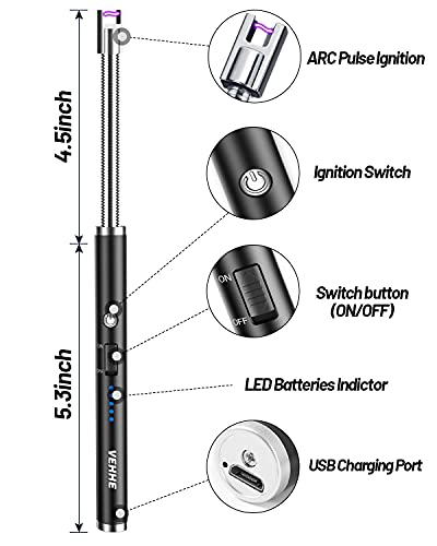 VEHHE Encendedor Electrico, Encendedor Cocina Arco Eléctricos, con USB Chargable y Pantalla LED de batería Cuello Flexible Extendido Encendedor para Velas, Estufas de Gas, Camping Barbacoa