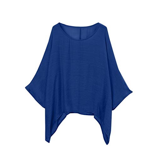 VEMOW Blusas Mujer Tops Damas de Mujer Camisetas Casual Talla Grande Algodón Lino Suelto Blusas de Color sólido Camisa(W1 Azul Oscuro,5XL)