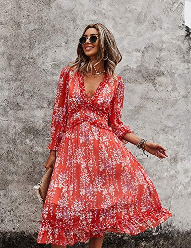 Vestido Mujer Bohemio Largo Verano Playa Fiesta Floral Manga Larga Cuello en V Maxi Vestidos Cóctel Falda Larga Vestido Swing Rojo XL