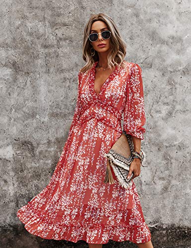 Vestido Mujer Bohemio Largo Verano Playa Fiesta Floral Manga Larga Cuello en V Maxi Vestidos Cóctel Falda Larga Vestido Swing Rojo XL