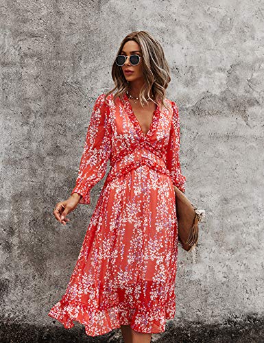 Vestido Mujer Bohemio Largo Verano Playa Fiesta Floral Manga Larga Cuello en V Maxi Vestidos Cóctel Falda Larga Vestido Swing Rojo XL