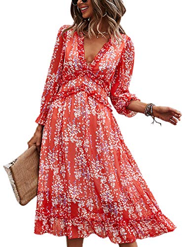 Vestido Mujer Bohemio Largo Verano Playa Fiesta Floral Manga Larga Cuello en V Maxi Vestidos Cóctel Falda Larga Vestido Swing Rojo XL