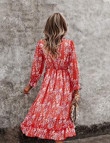 Vestido Mujer Bohemio Largo Verano Playa Fiesta Floral Manga Larga Cuello en V Maxi Vestidos Cóctel Falda Larga Vestido Swing Rojo XL